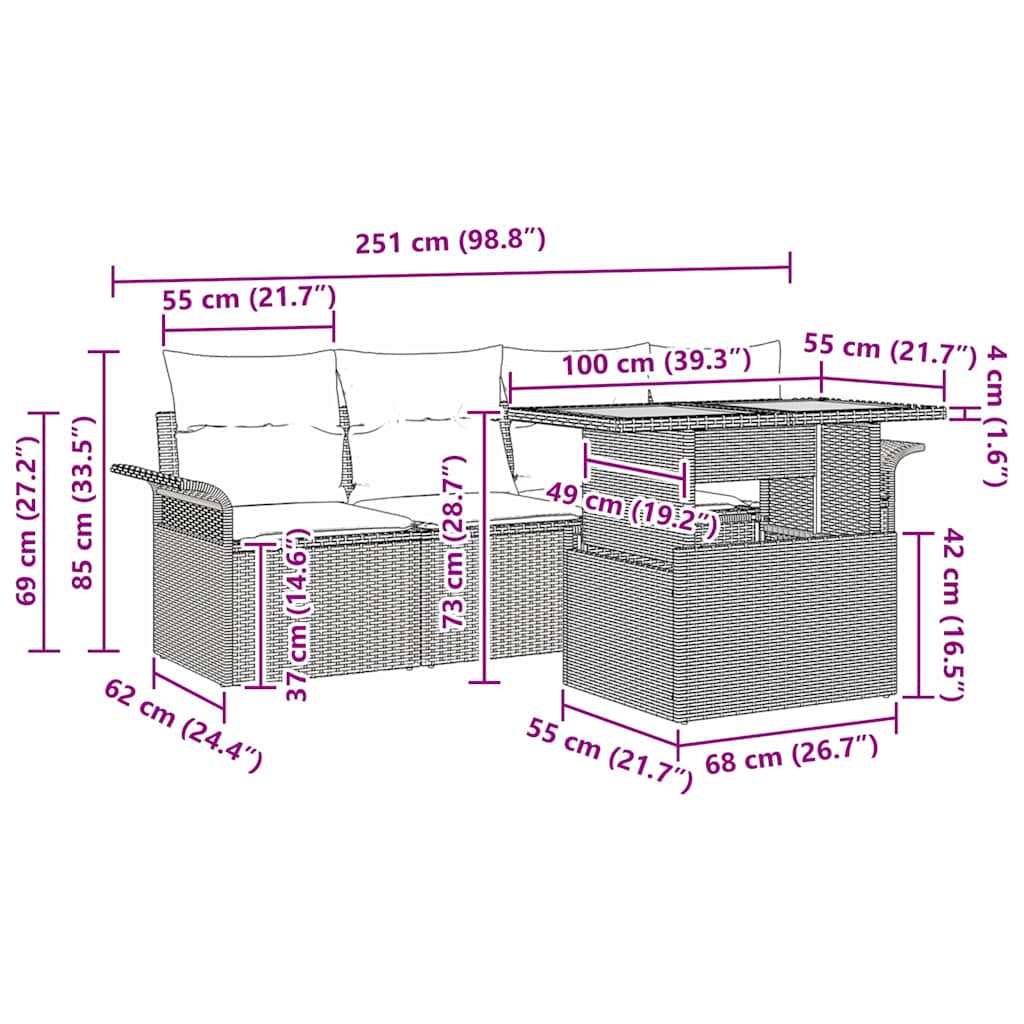 Gartensofa-set mit Kissen 5 pcs Grau Poly-Rattan