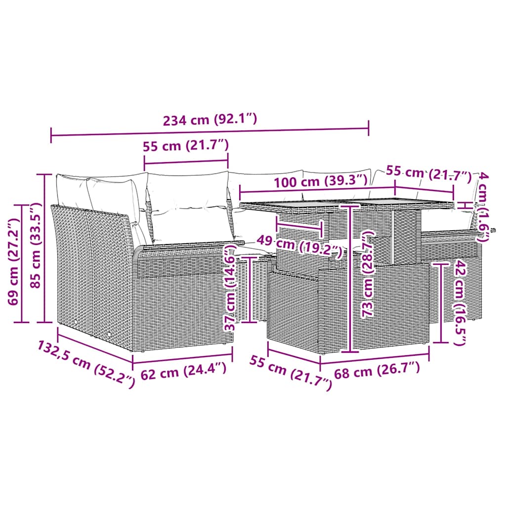 Garten-Sofa-Set mit Kissen 7 pcs Grau