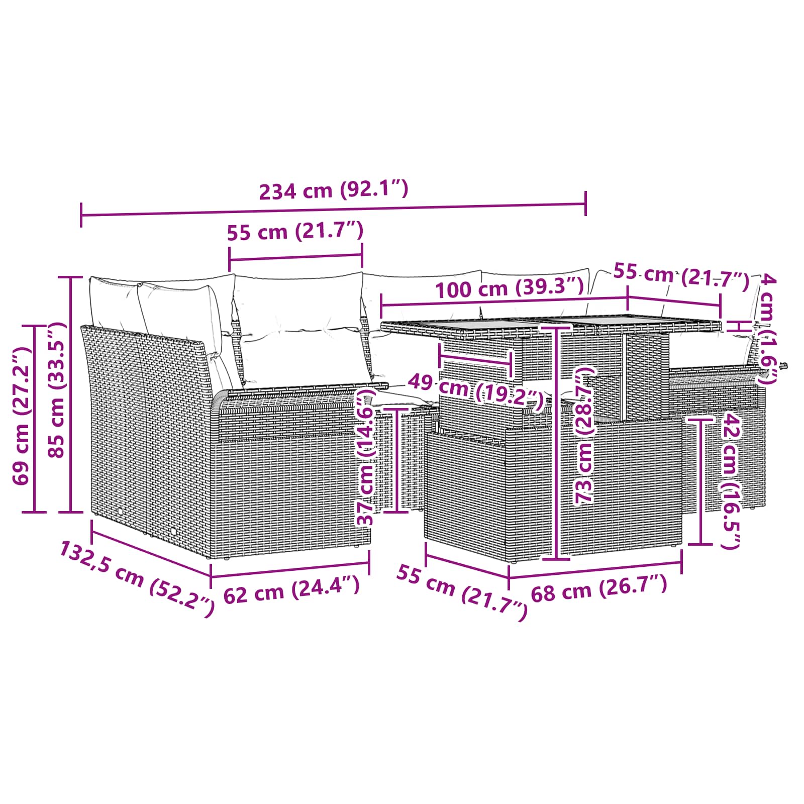 Garten-Sofa-Set mit Kissen 7 pcs Grau und Marineblau