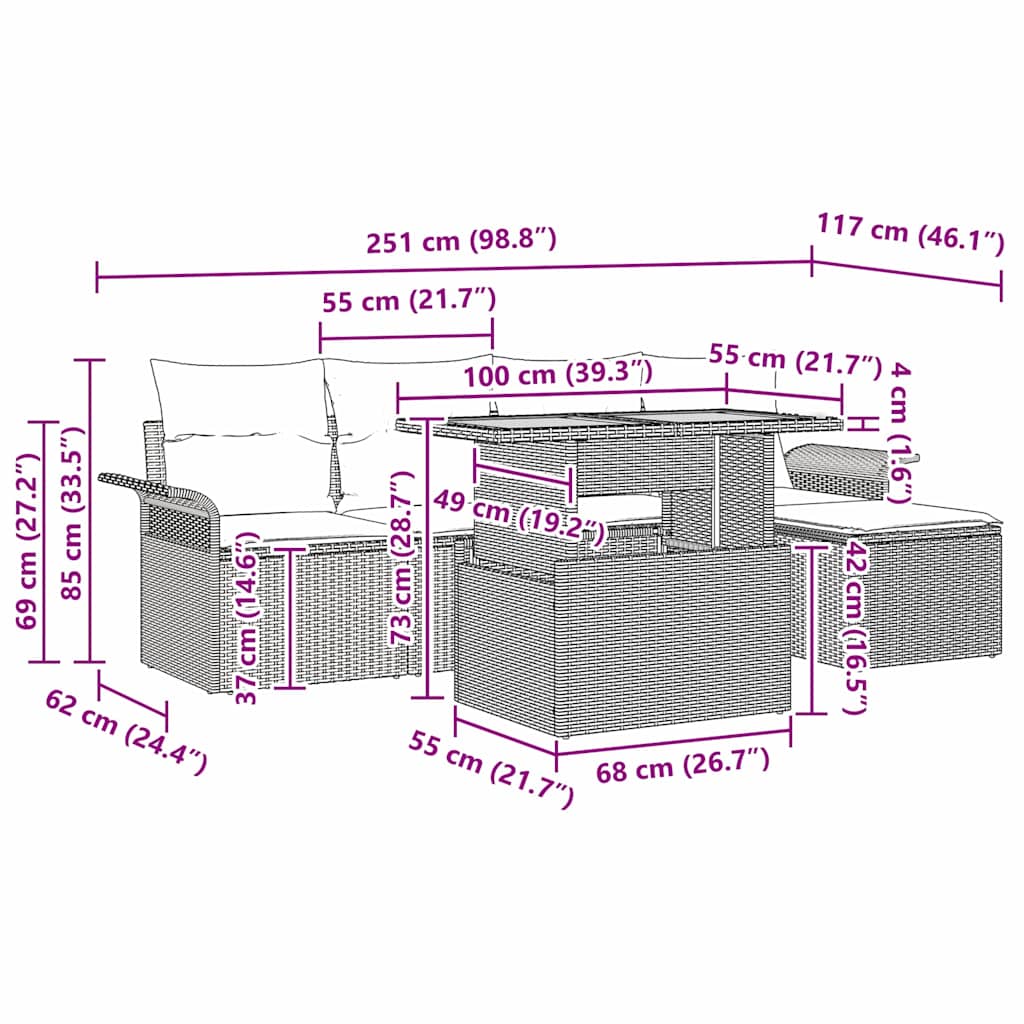 Garten-Sofa-Set mit Kissen 6 pcs Schwarz