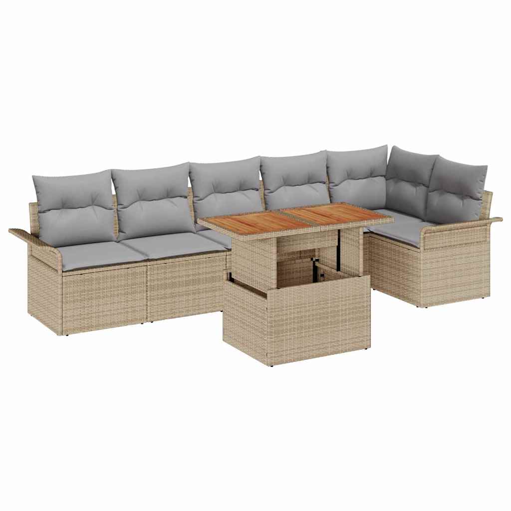 Gartensofa-set mit Kissen 7 pcs Beige und Hellgrau Poly-Rattan
