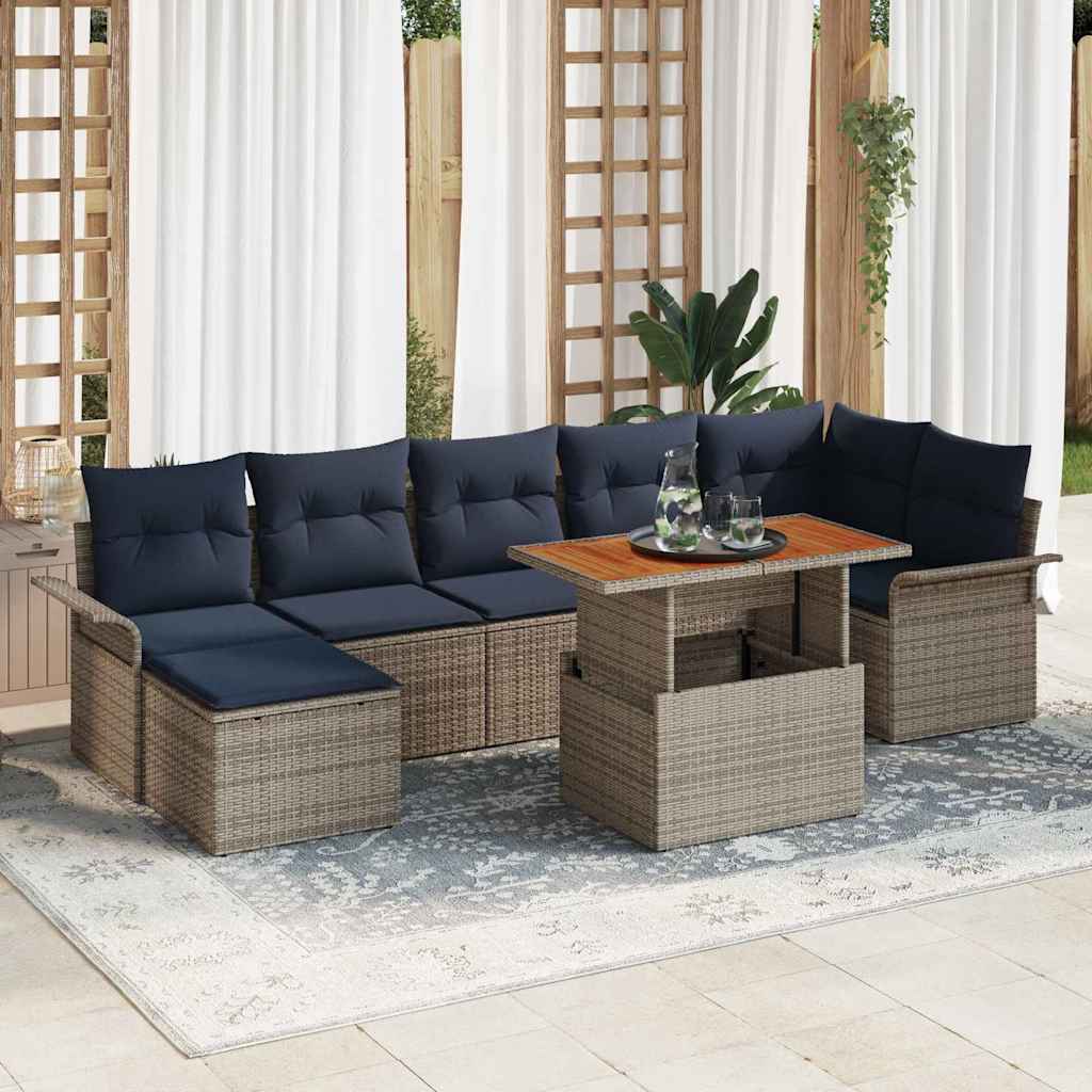 Gartensofa-set mit Kissen 8 pcs Grau und Marineblau Poly-Rattan