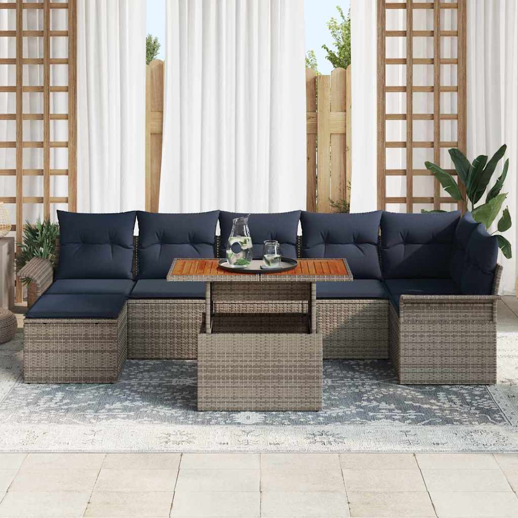 Gartensofa-set mit Kissen 8 pcs Grau und Marineblau Poly-Rattan