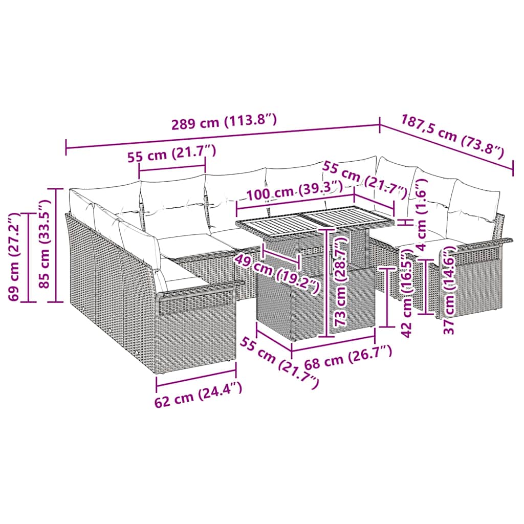 Garten-Sofa-Set mit Kissen 10 pcs Schwarz
