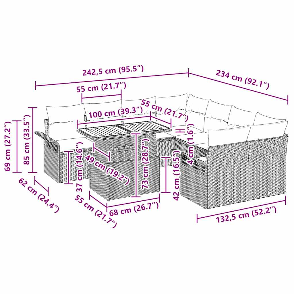 Gartensofa-set mit Kissen 11 pcs Grau Poly-Rattan