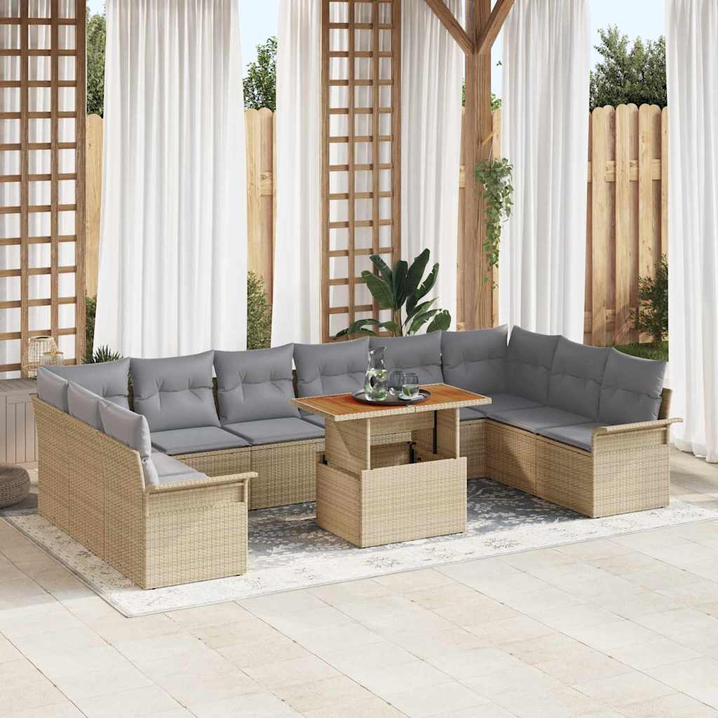 Gartensofa-set mit Kissen 11 pcs Beige und Hellgrau Poly-Rattan