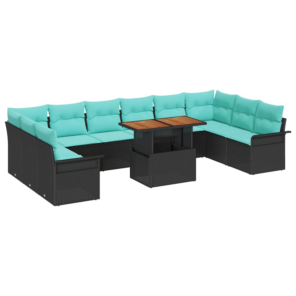 Gartensofa-set mit Kissen 11 pcs Schwarz und Blau Poly-Rattan