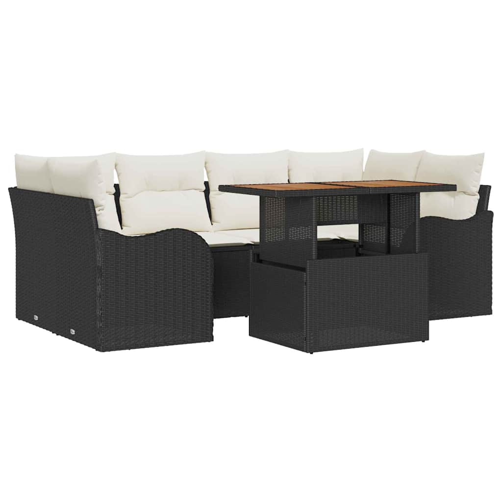 Garten-Sofa-Set mit Kissen 7 pcs Schwarz und Creme