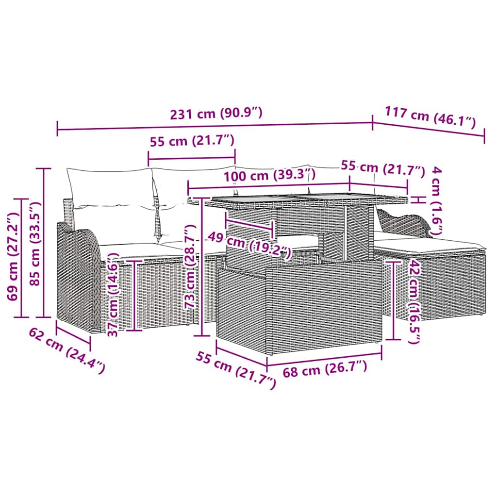 Gartensofa-set mit Kissen 6 pcs Beige und Hellgrau Poly-Rattan