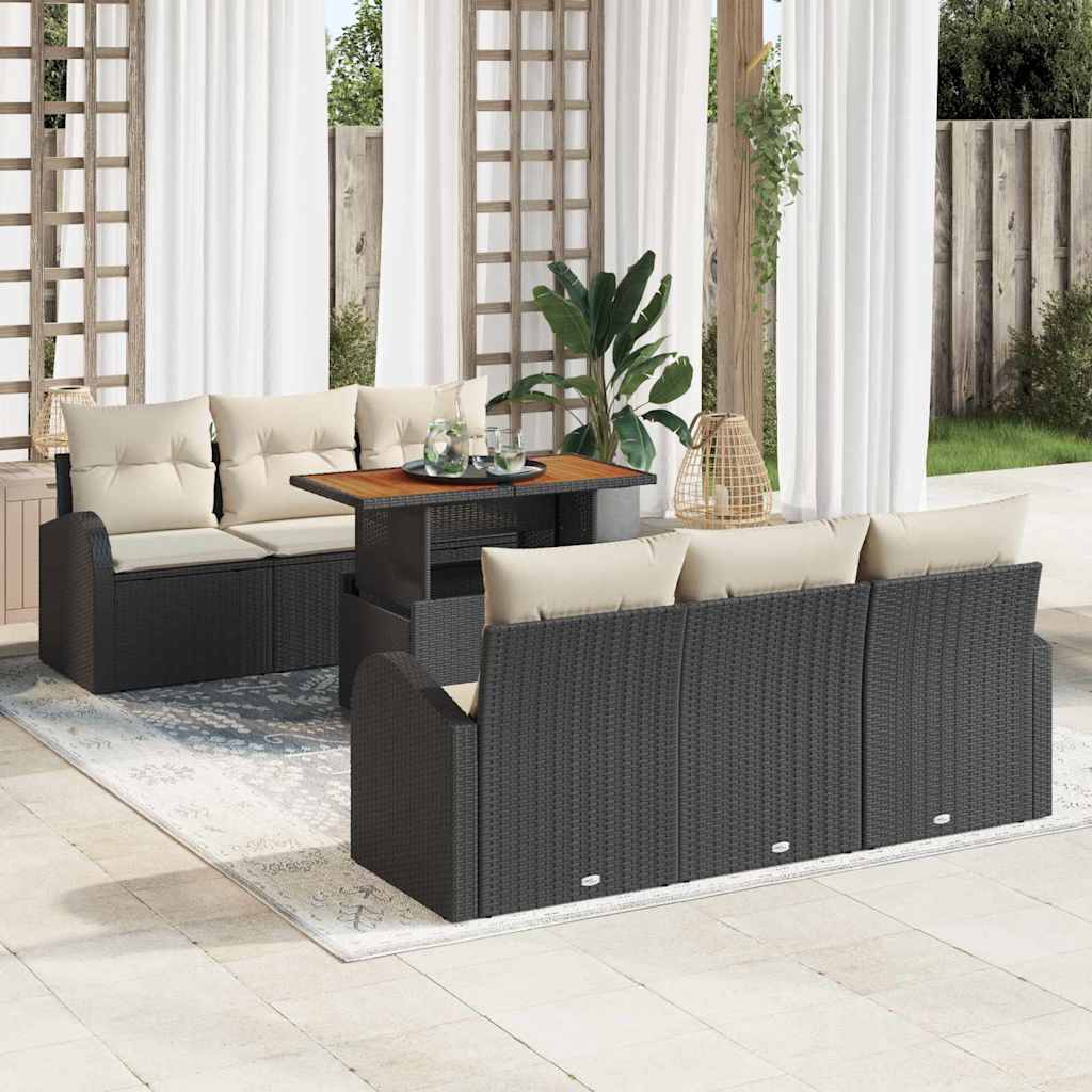 Garten-Sofa-Set mit Kissen 7 pcs Schwarz und Creme