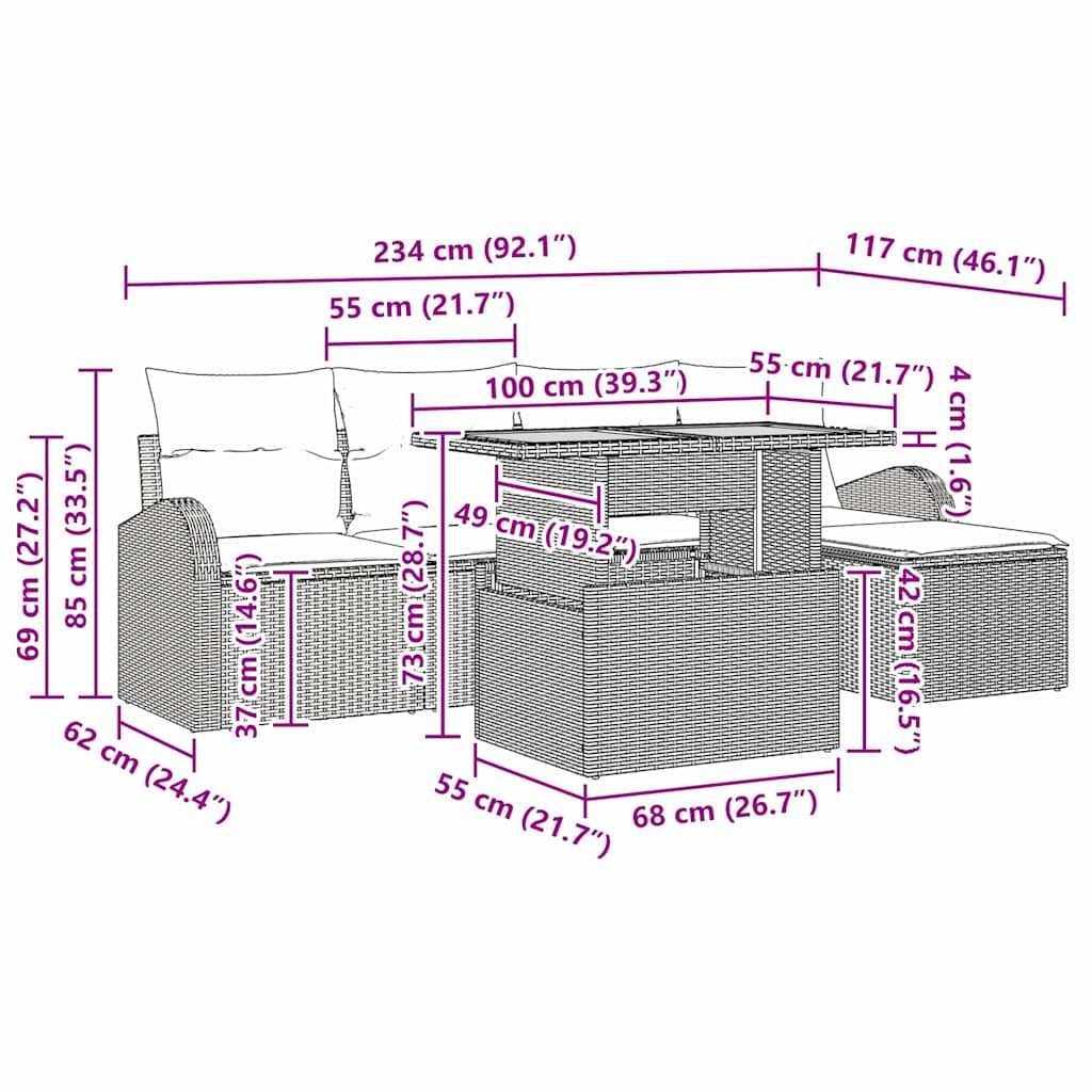 Garten-Sofa-Set mit Kissen 6 pcs Schwarz und Creme