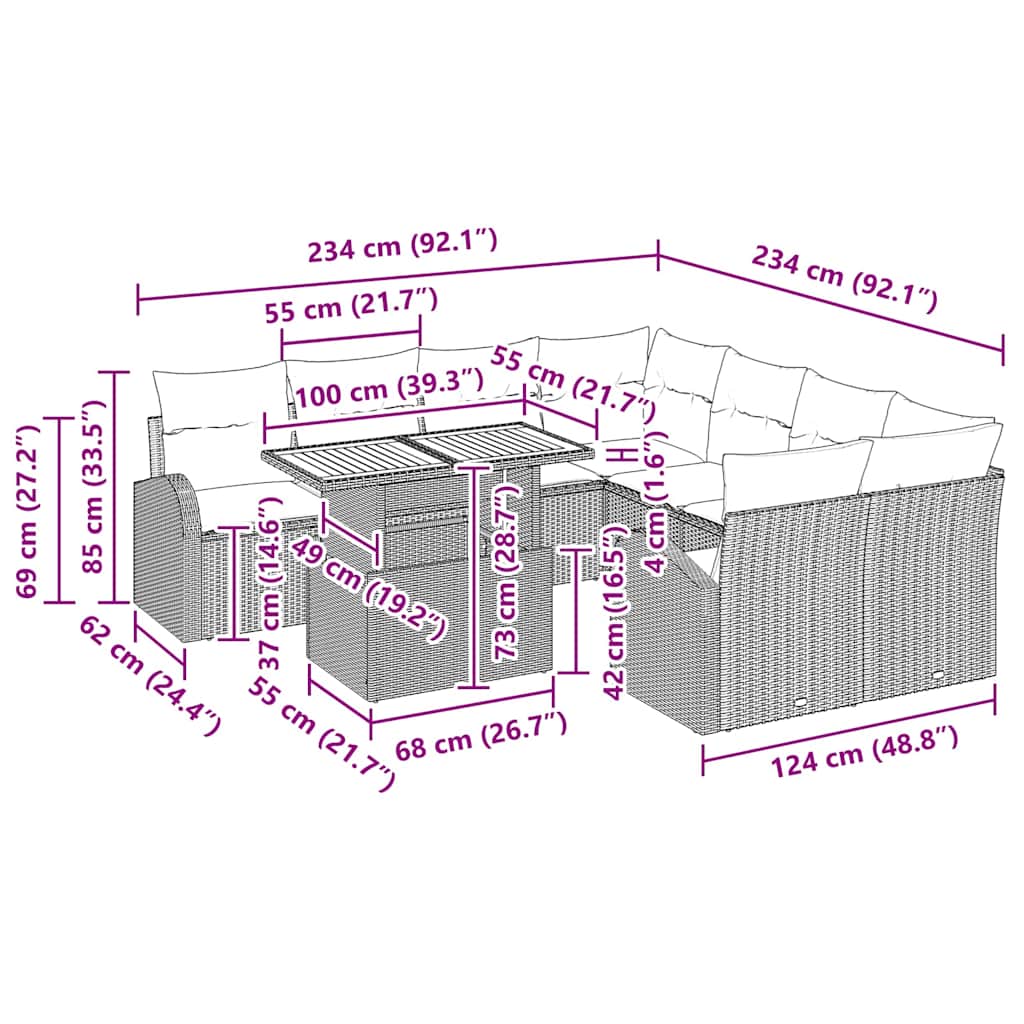 Garten-Sofa-Set mit Kissen 11 pcs Schwarz
