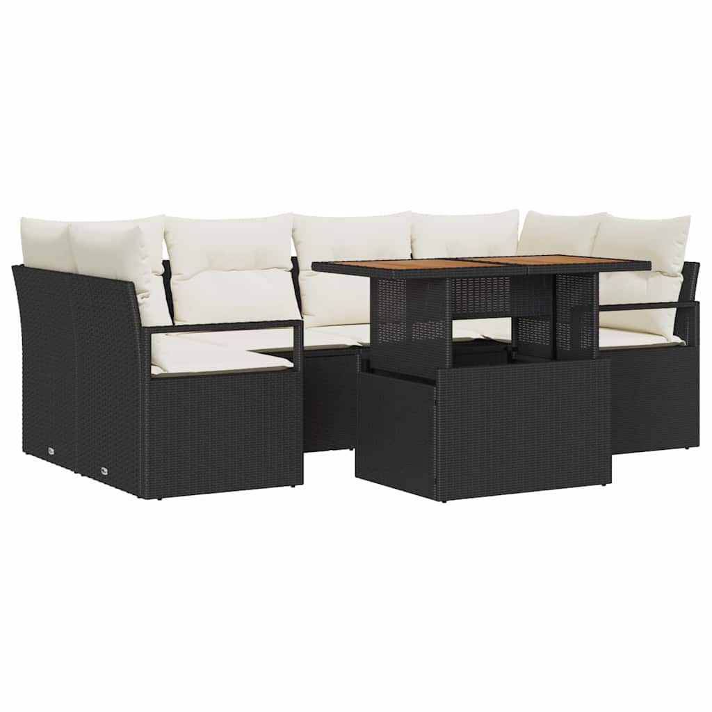 Garten-Sofa-Set mit Kissen 7 pcs Schwarz und Creme