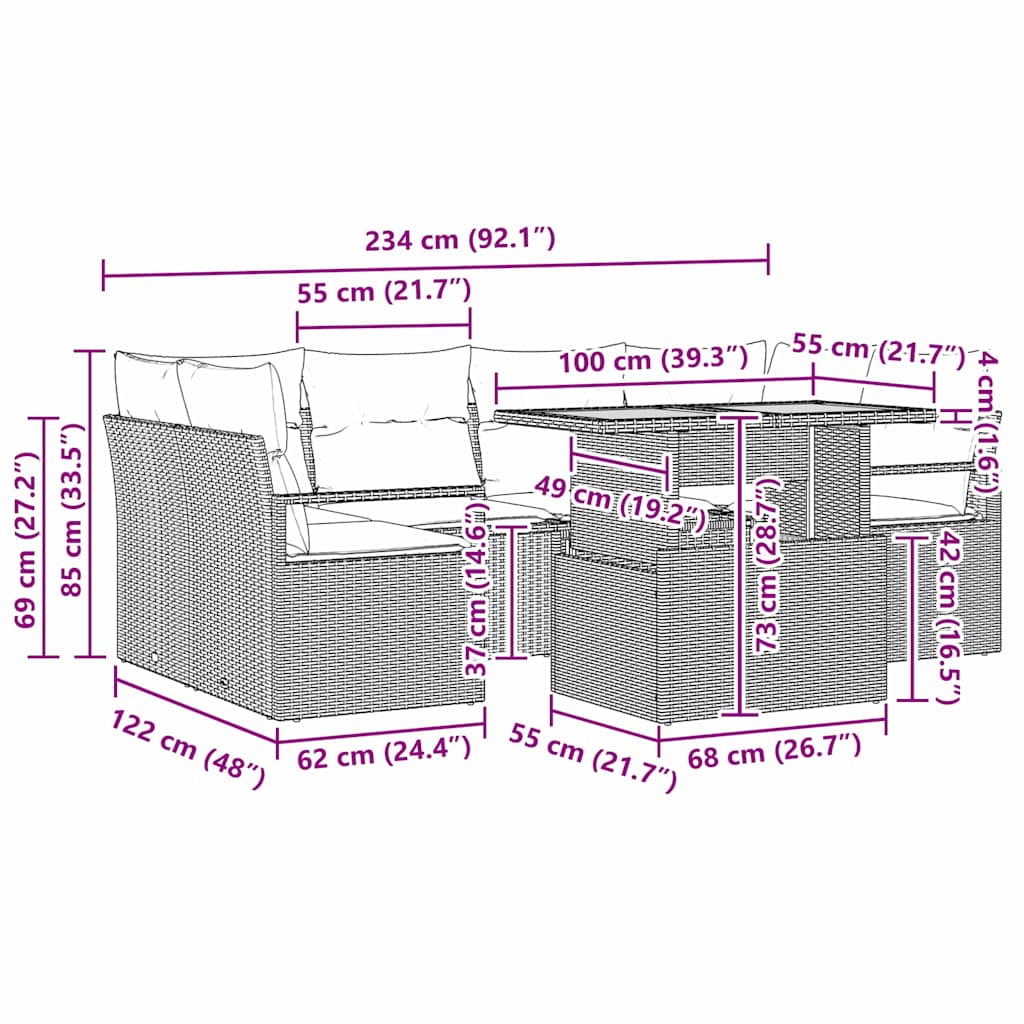 Garten-Sofa-Set mit Kissen 7 pcs Schwarz und Creme