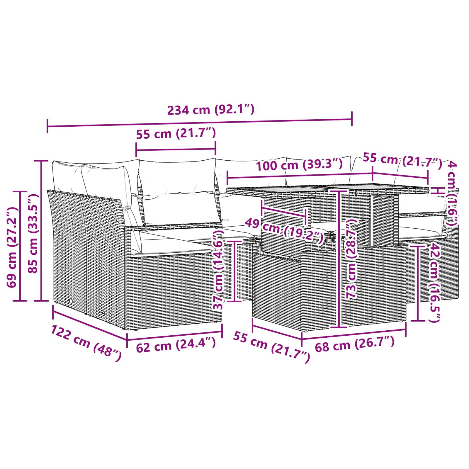 Garten-Sofa-Set mit Kissen 7 pcs Schwarz und blau