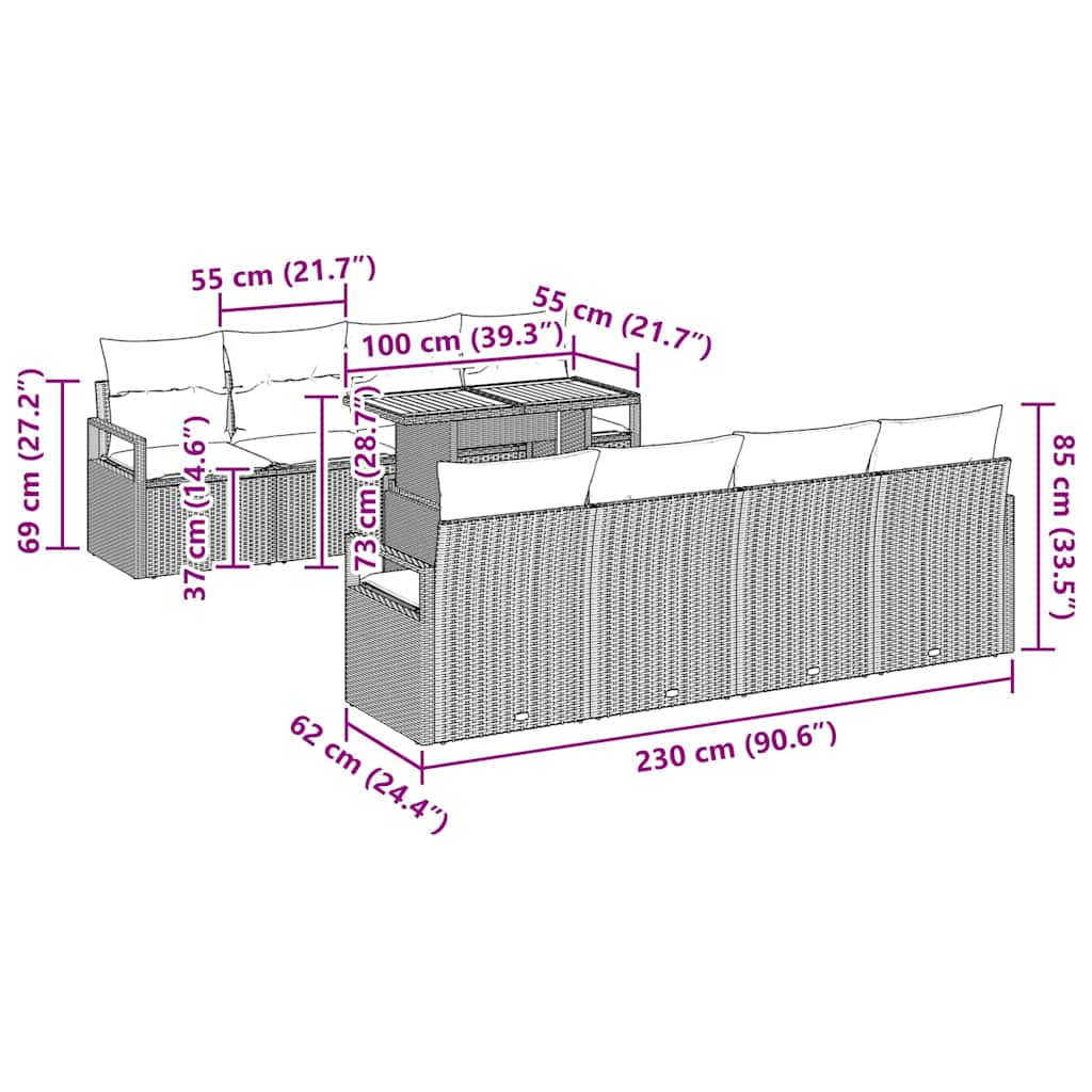 Garten-Sofa-Set mit Kissen mit Kissen 9 pcs Grau und Braun