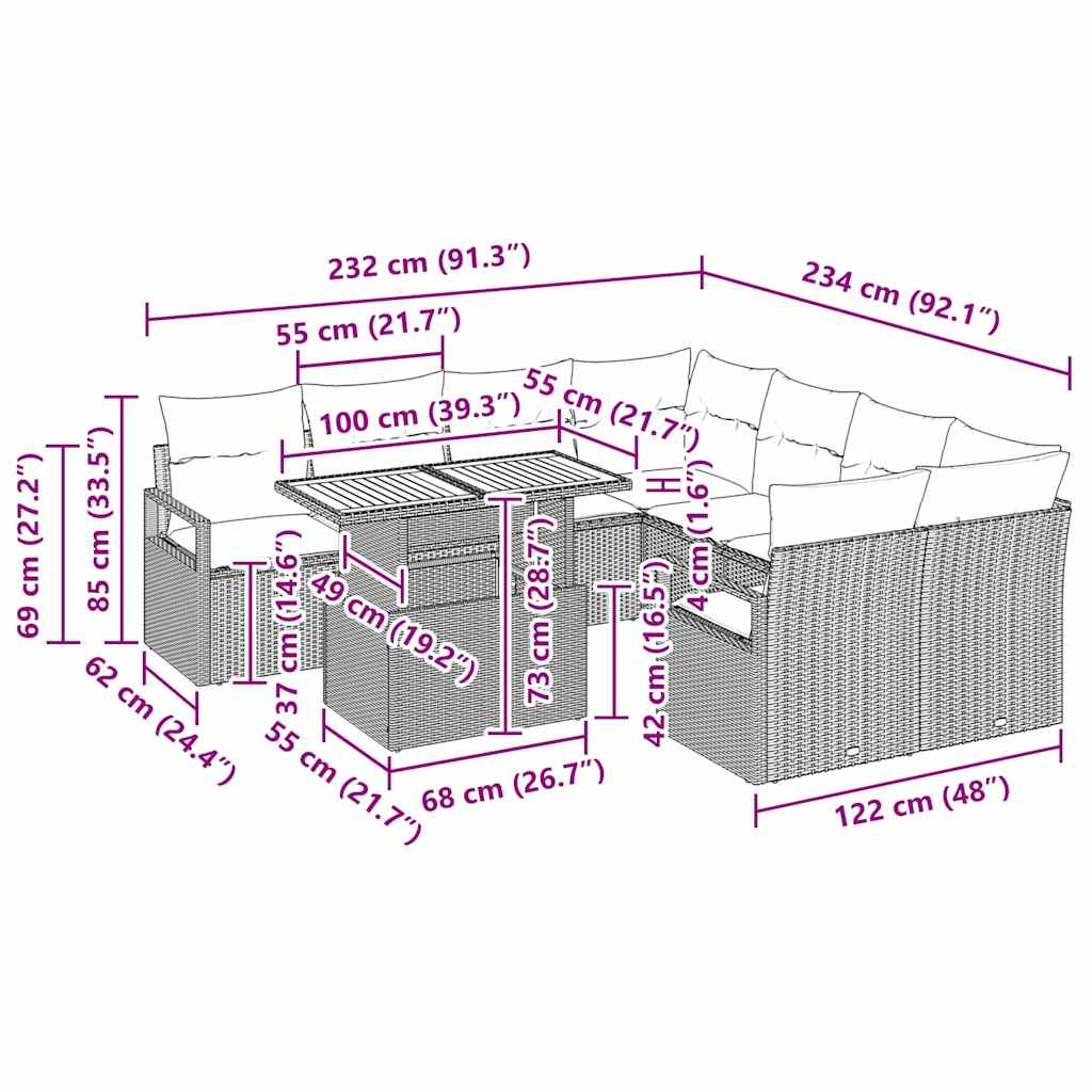 Garten Essgruppe mit Kissen 9 pcs Schwarz und Creme
