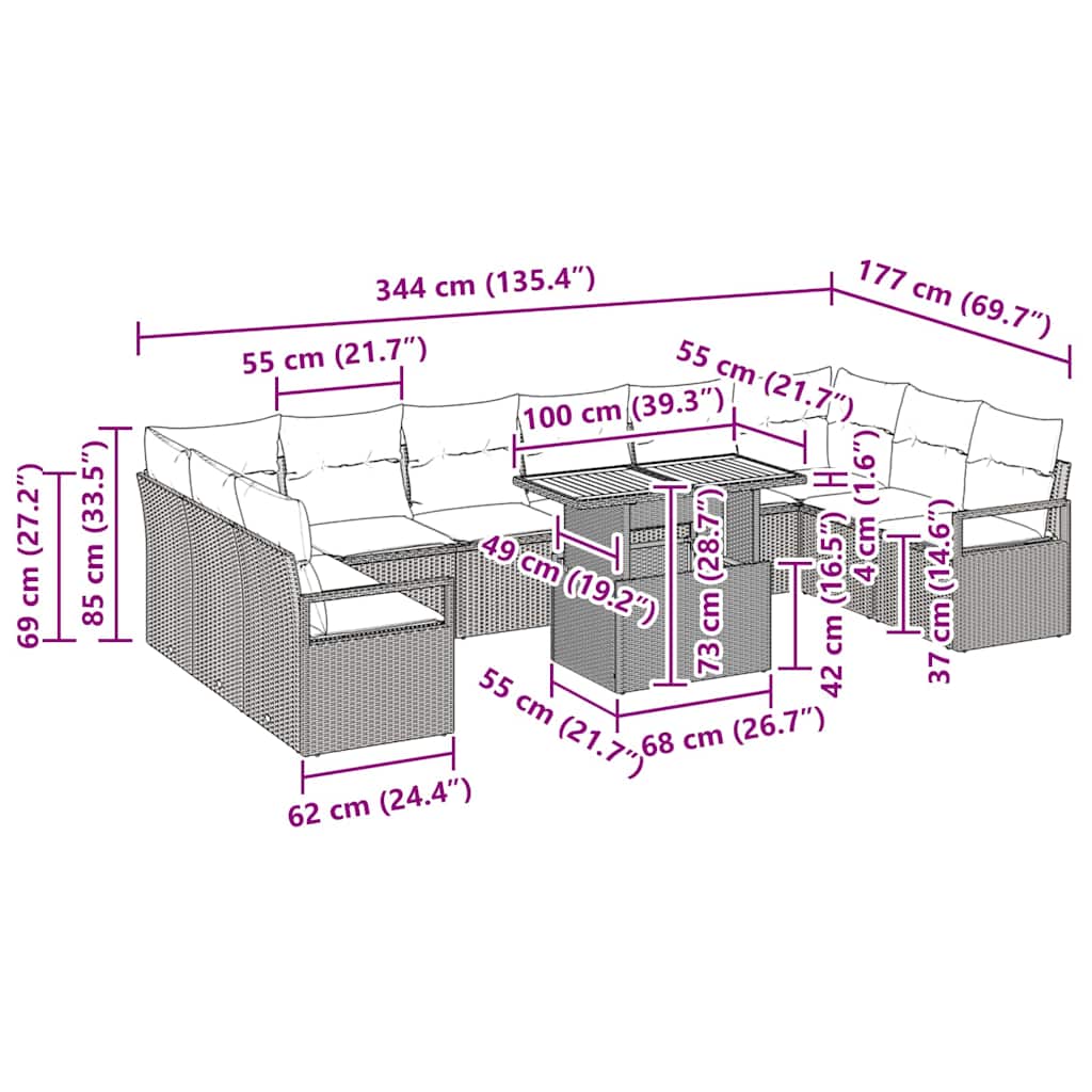 Garten-Sofa-Set mit Kissen 11 pcs Schwarz und Braun