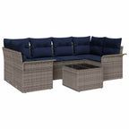 Gartensofa-set mit Kissen 7 pcs Grau und Marineblau Poly-Rattan