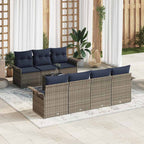 Gartensofa-set mit Kissen 8 pcs Grau und Marineblau Poly-Rattan