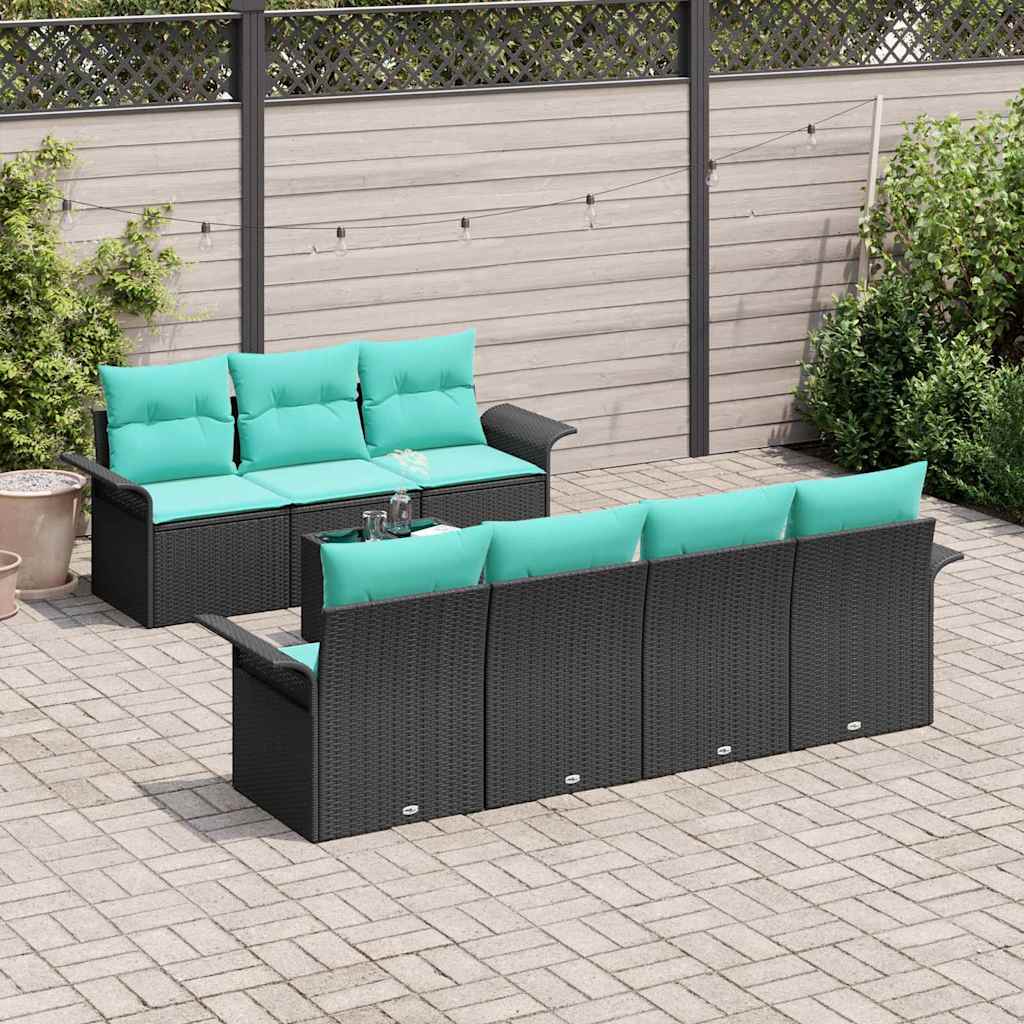 Gartensofa-set mit Kissen 8 pcs Schwarz und Türkis Poly-Rattan