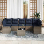 Gartensofa-set mit Kissen 8 pcs Grau und Marineblau Poly-Rattan