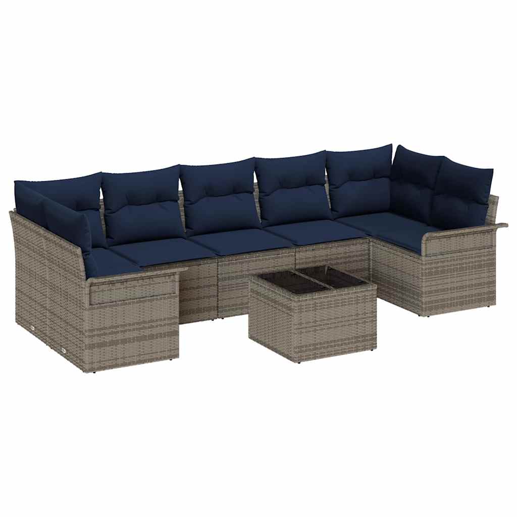 Gartensofa-set mit Kissen 8 pcs Grau und Marineblau Poly-Rattan