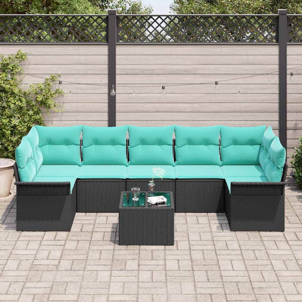 Gartensofa-set mit Kissen 8 pcs Schwarz und Türkis Poly-Rattan