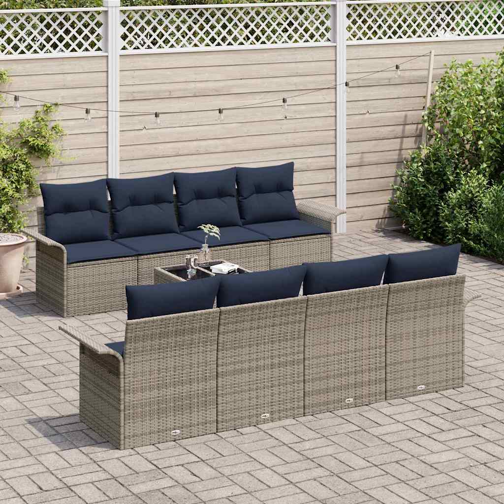 Gartensofa-set mit Kissen 9 pcs Grau und Marineblau Poly-Rattan