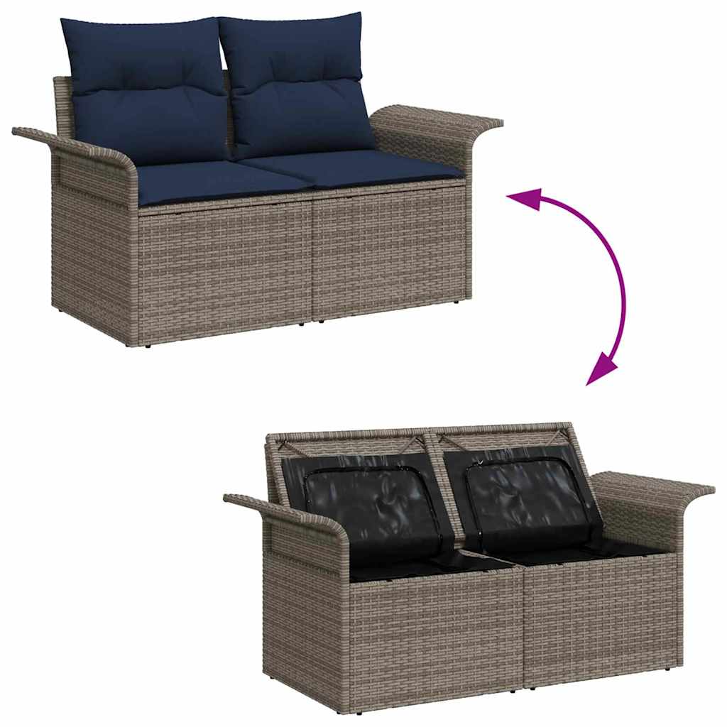 Gartensofa-set mit Kissen 9 pcs Grau und Marineblau Poly-Rattan
