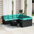 Gartensofa-set mit Kissen 9 pcs Schwarz und Türkis Poly-Rattan