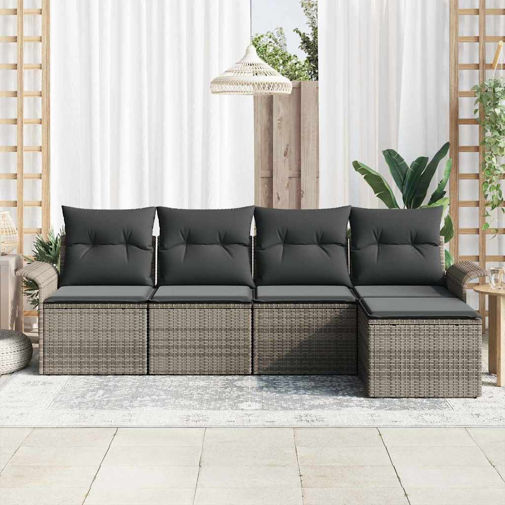 Gartensofa-set mit Kissen mit Speicher 5 pcs Grau Poly-Rattan