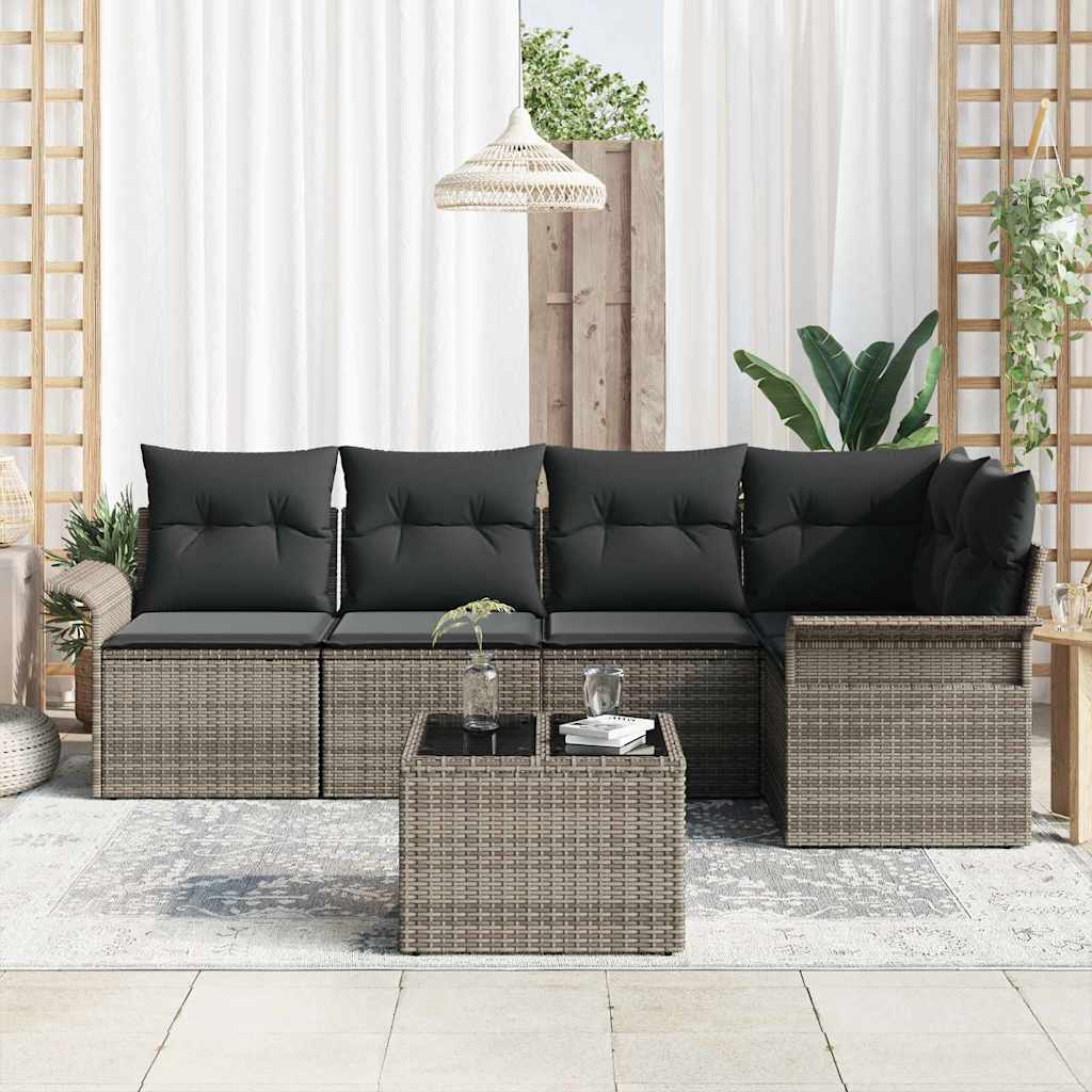 Garten-Sofa-Set mit Kissen mit Speicher 6 pcs Grau Poly Rattan