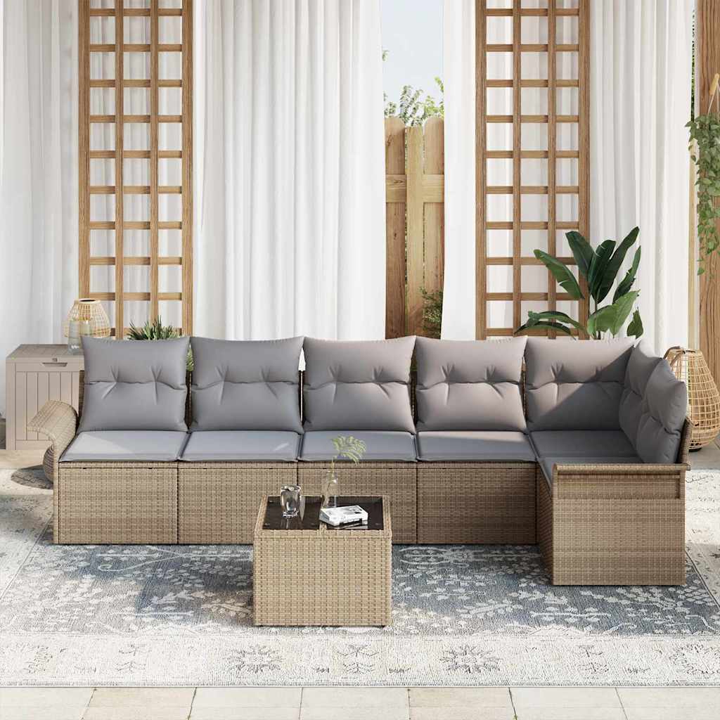 Garten-Sofa-Set mit Kissen mit Speicher 7 pcs Beige Poly Rattan