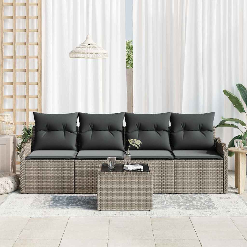 Garten-Sofa-Set 5 pcs Grau Poly-Rattan und Stahl und Glas