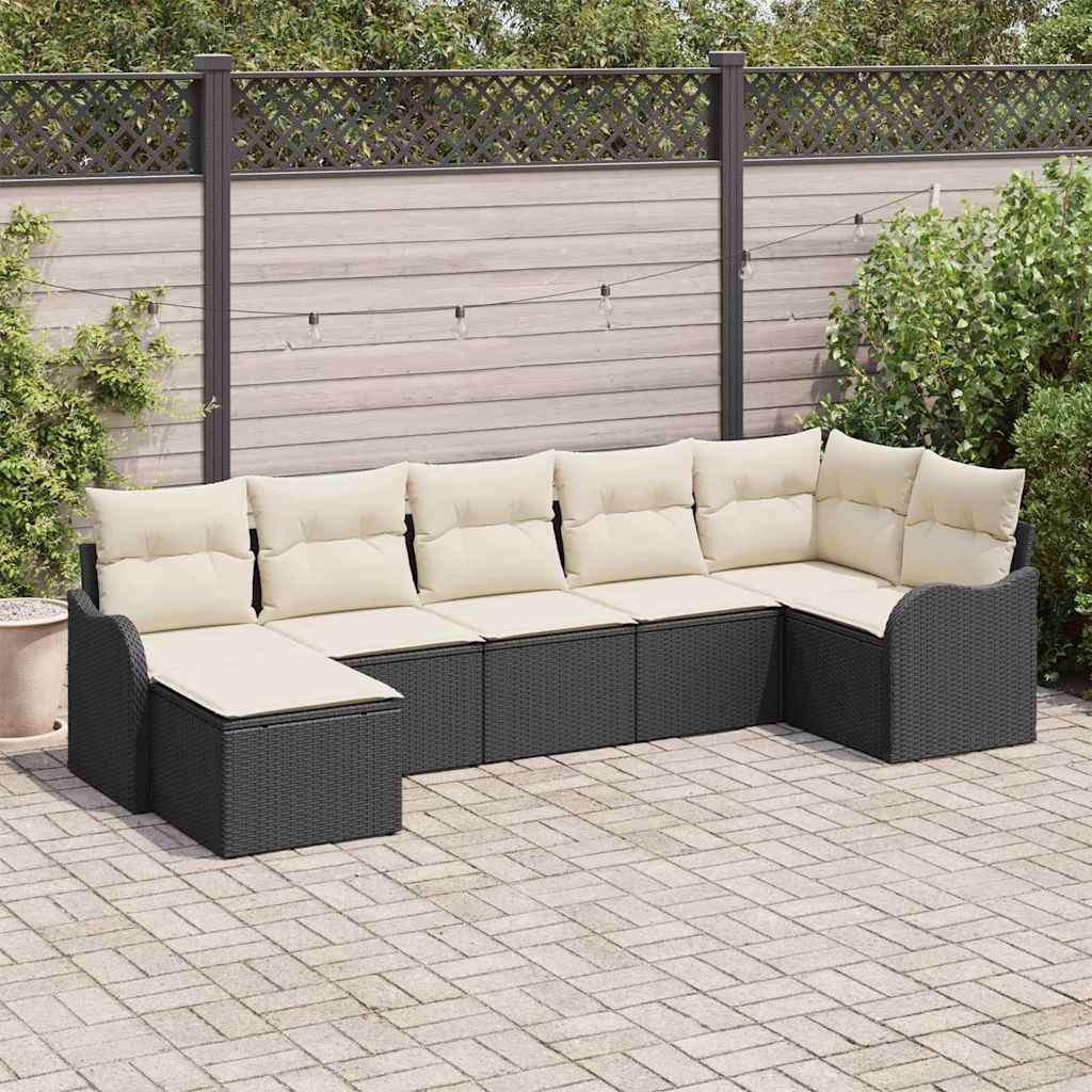 Garten-Sofa-Set mit Kissen 7 pcs Schwarz und Weiß Poly Rattan