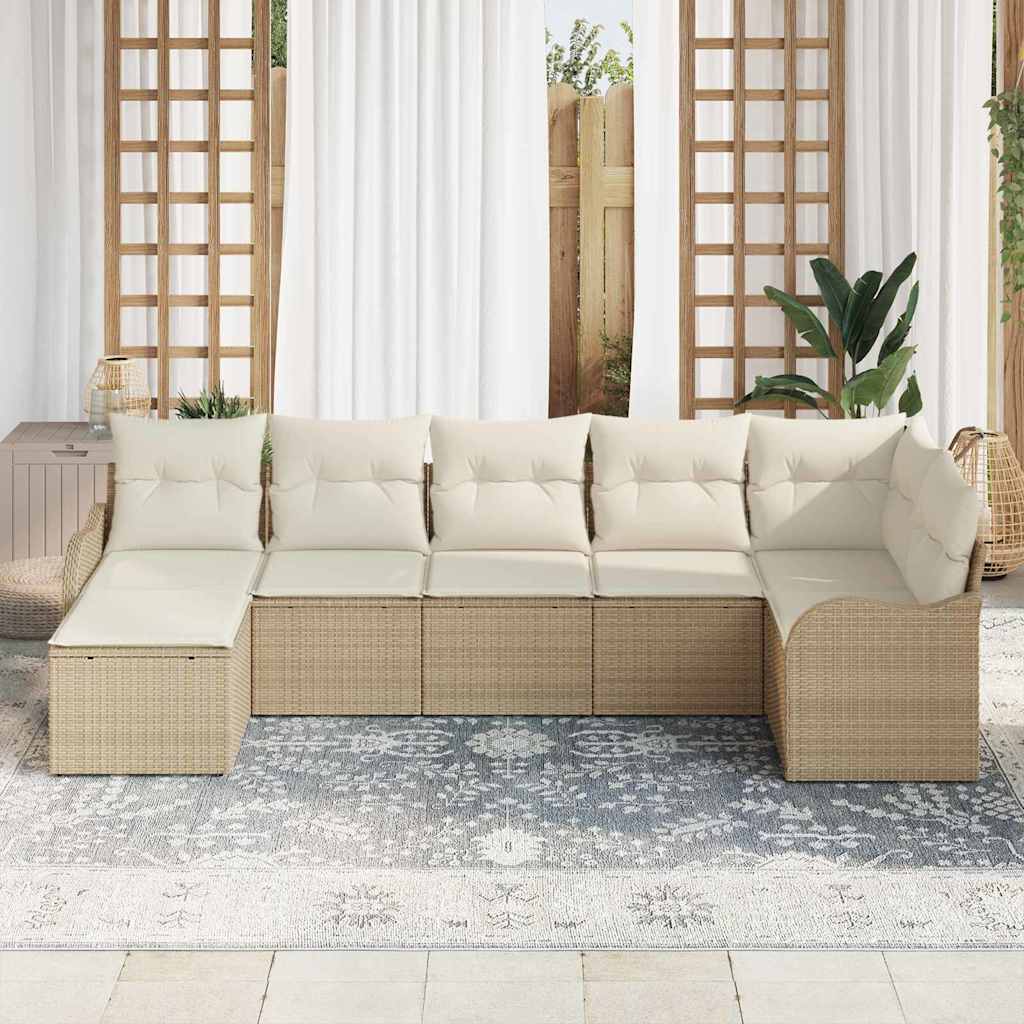 Garten-Sofa-Set mit Kissen 7 pcs Beige und Weiß Poly Rattan