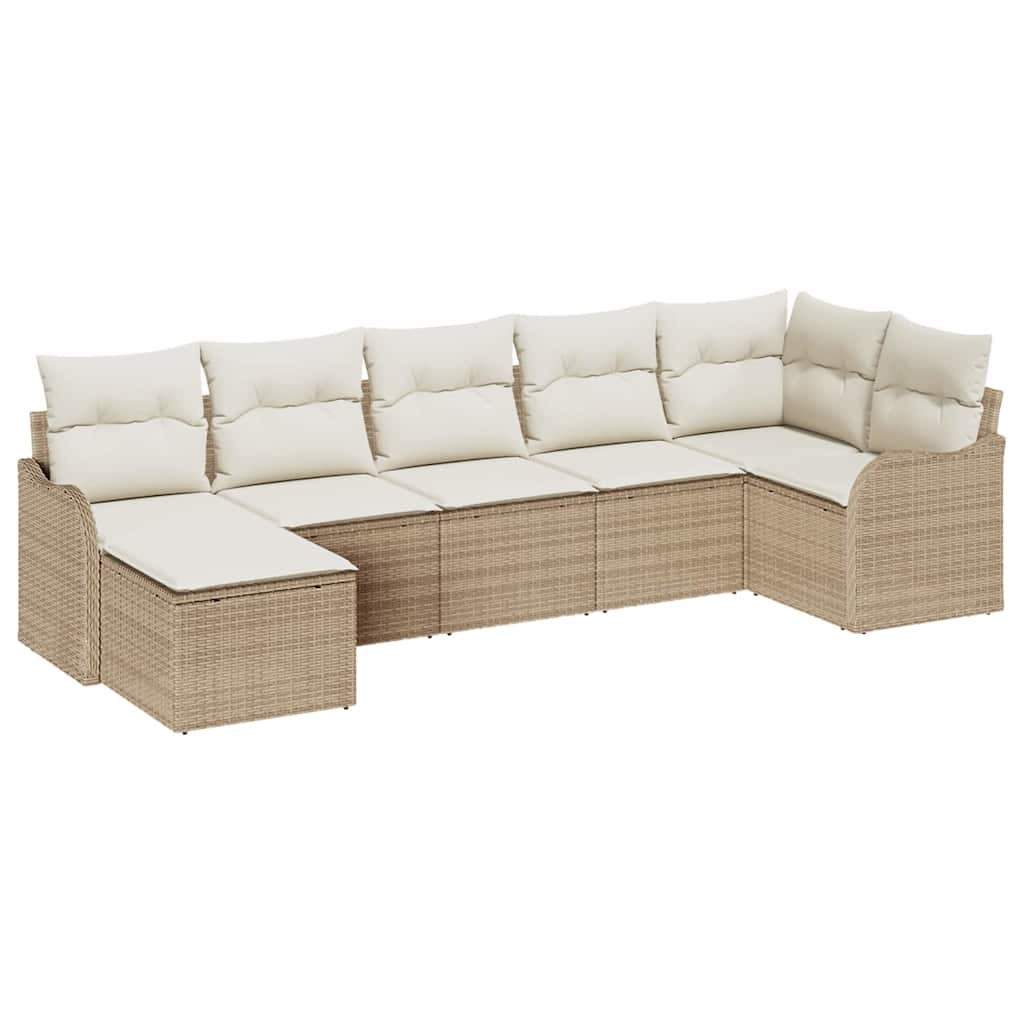 Garten-Sofa-Set mit Kissen 7 pcs Beige und Weiß Poly Rattan