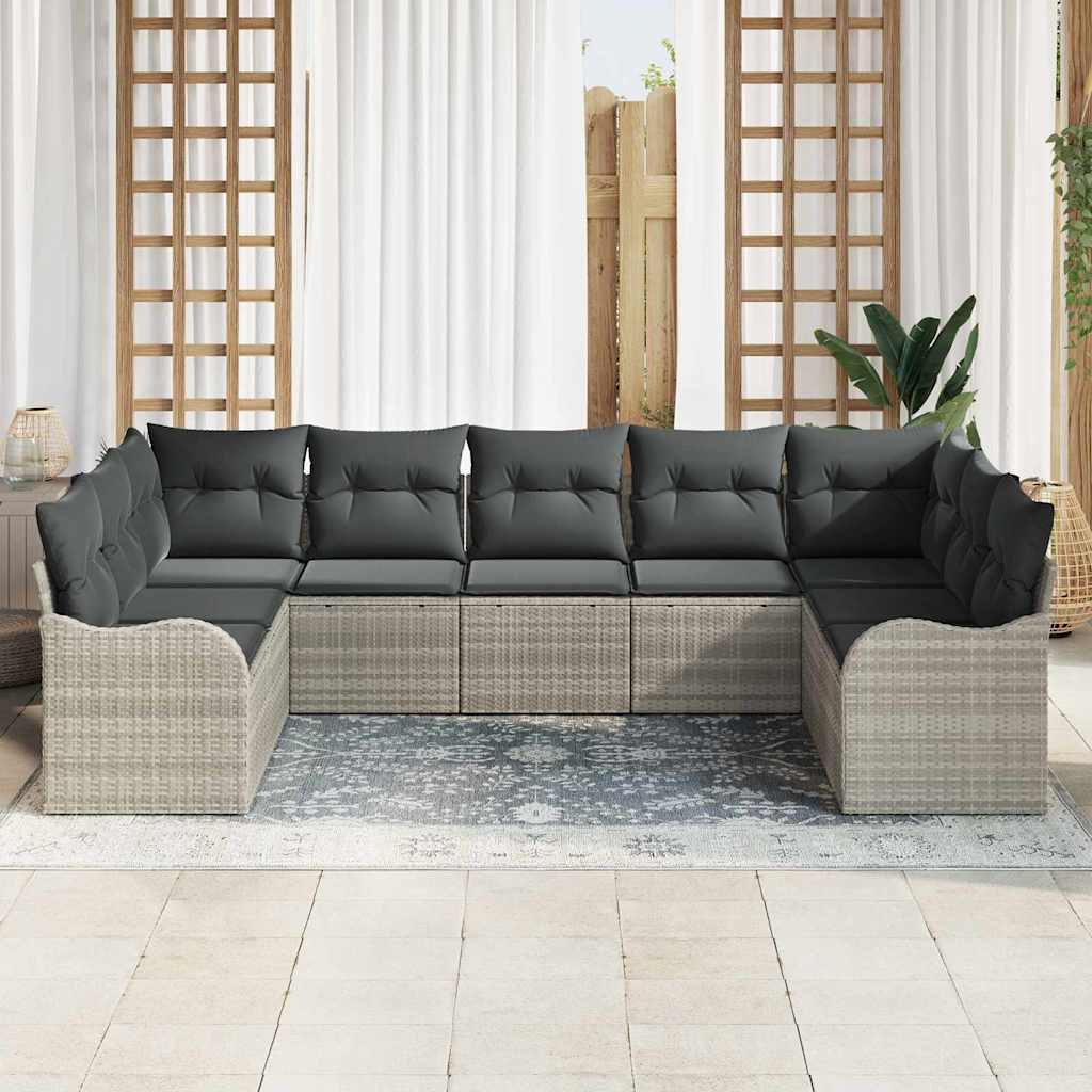 Gartensofa-set mit Speicher 9 pcs Hellgrau Poly-Rattan