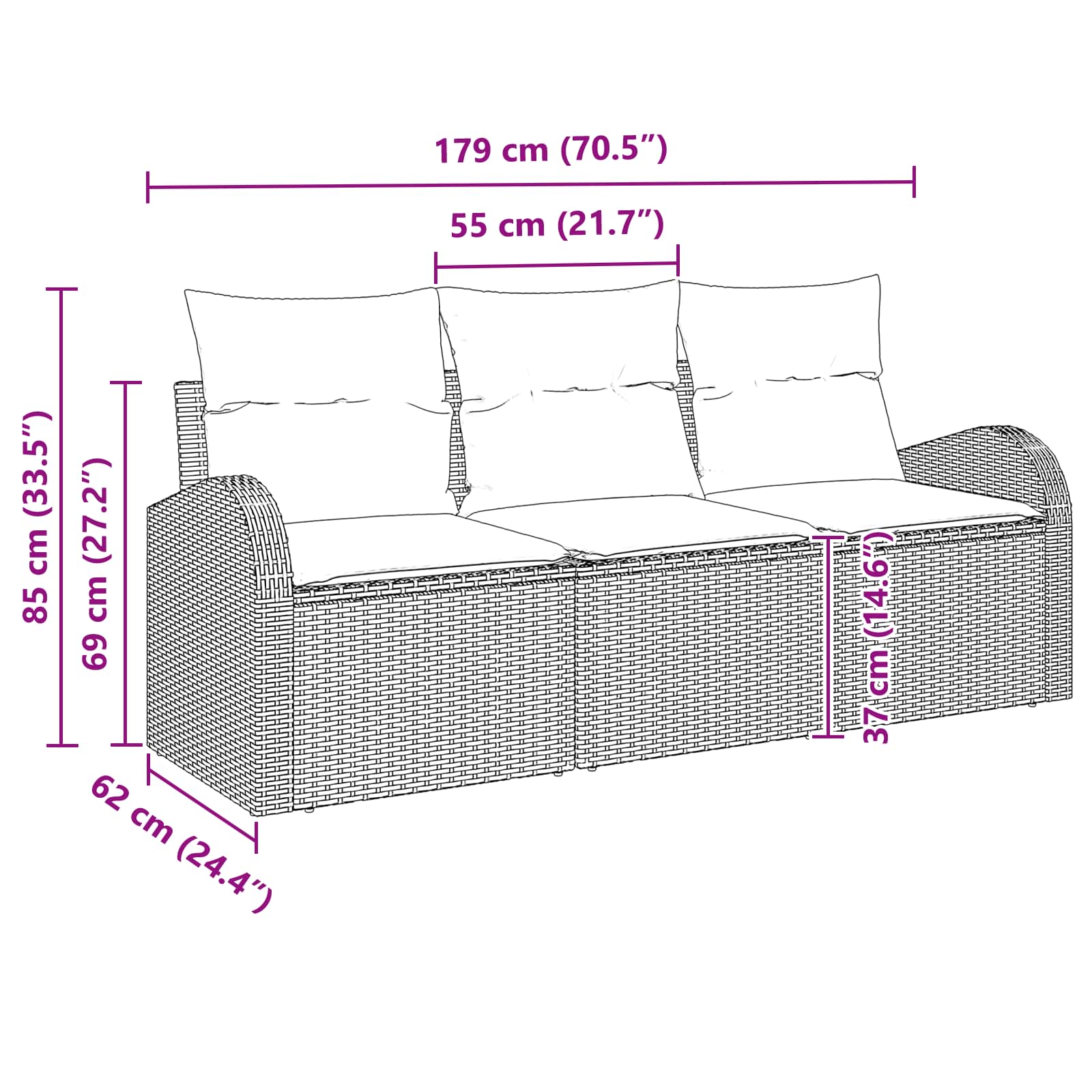 Garten-Sofa-Set mit Speicher 3 pcs Braun und Rot Poly Rattan