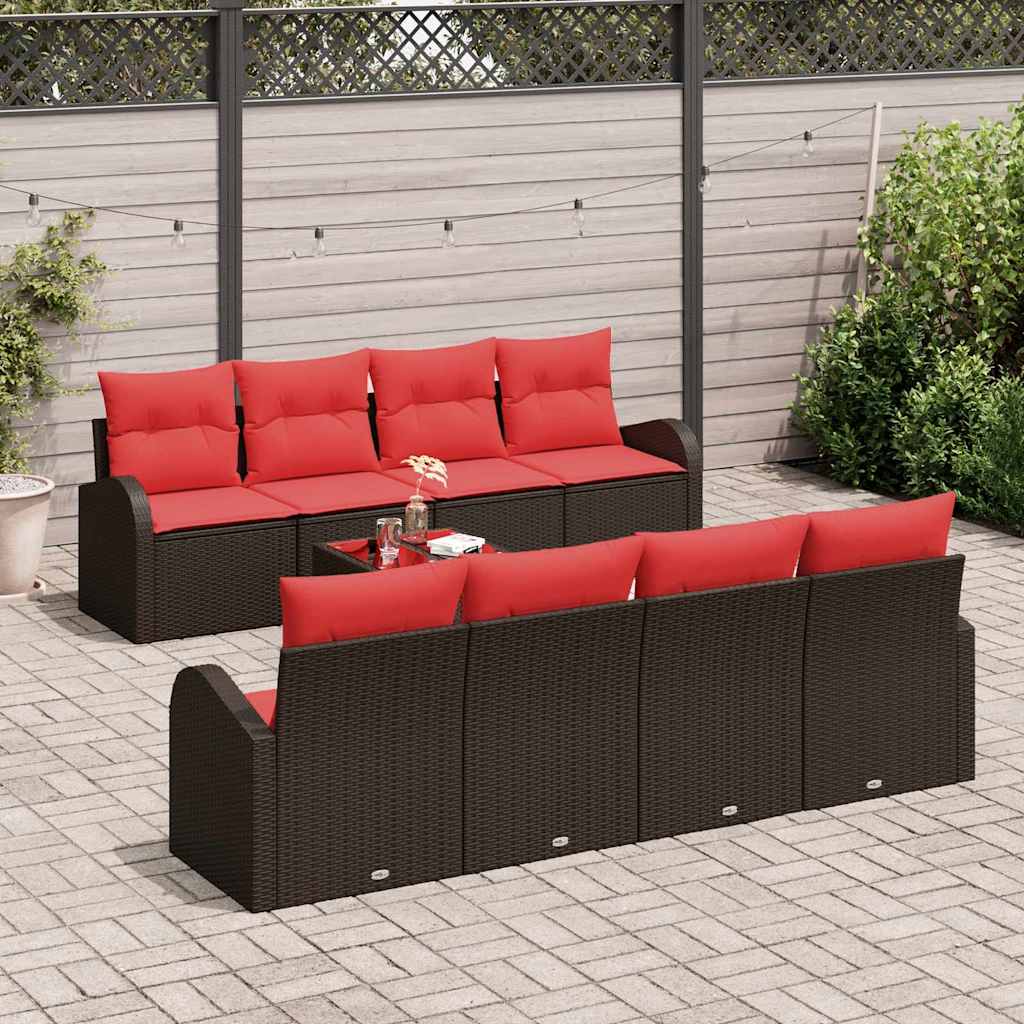 Sofa Set mit Kissen 9 pcs Beige und Rot Poly-Rattan