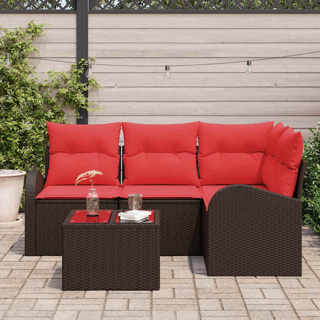 Gartensofa-set mit Kissen 5 pcs Braun und Rot Poly-Rattan