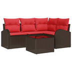 Gartensofa-set mit Kissen 5 pcs Braun und Rot Poly-Rattan
