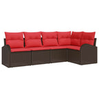 Gartensofa-set mit Kissen 5 pcs Braun und Rot Poly-Rattan