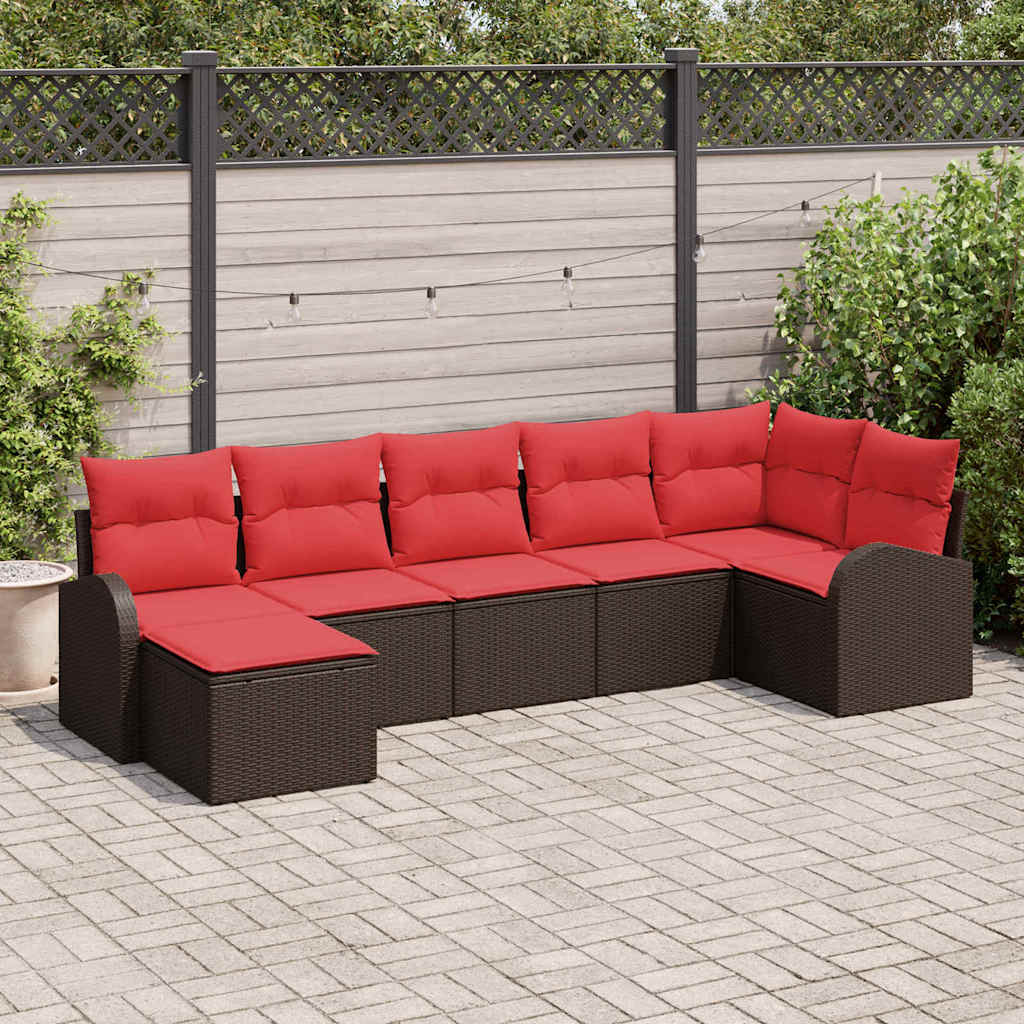 Sofa Set mit Kissen 7 pcs Braun und Rot Poly-Rattan