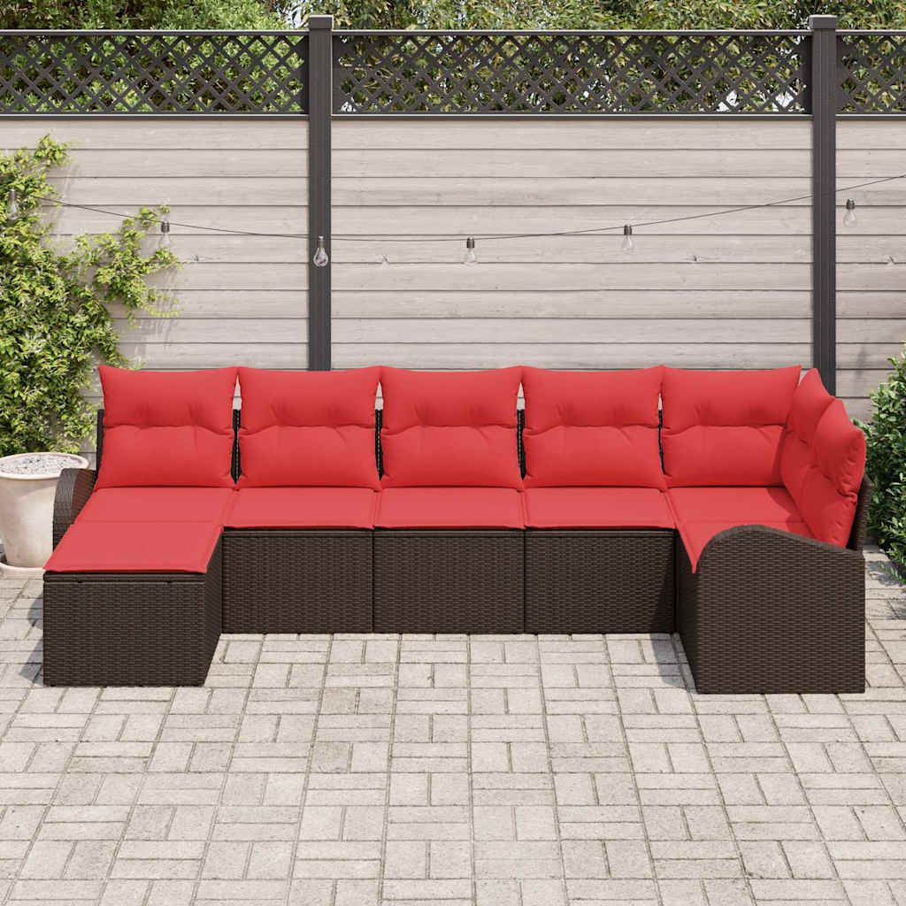 Sofa Set mit Kissen 7 pcs Braun und Rot Poly-Rattan