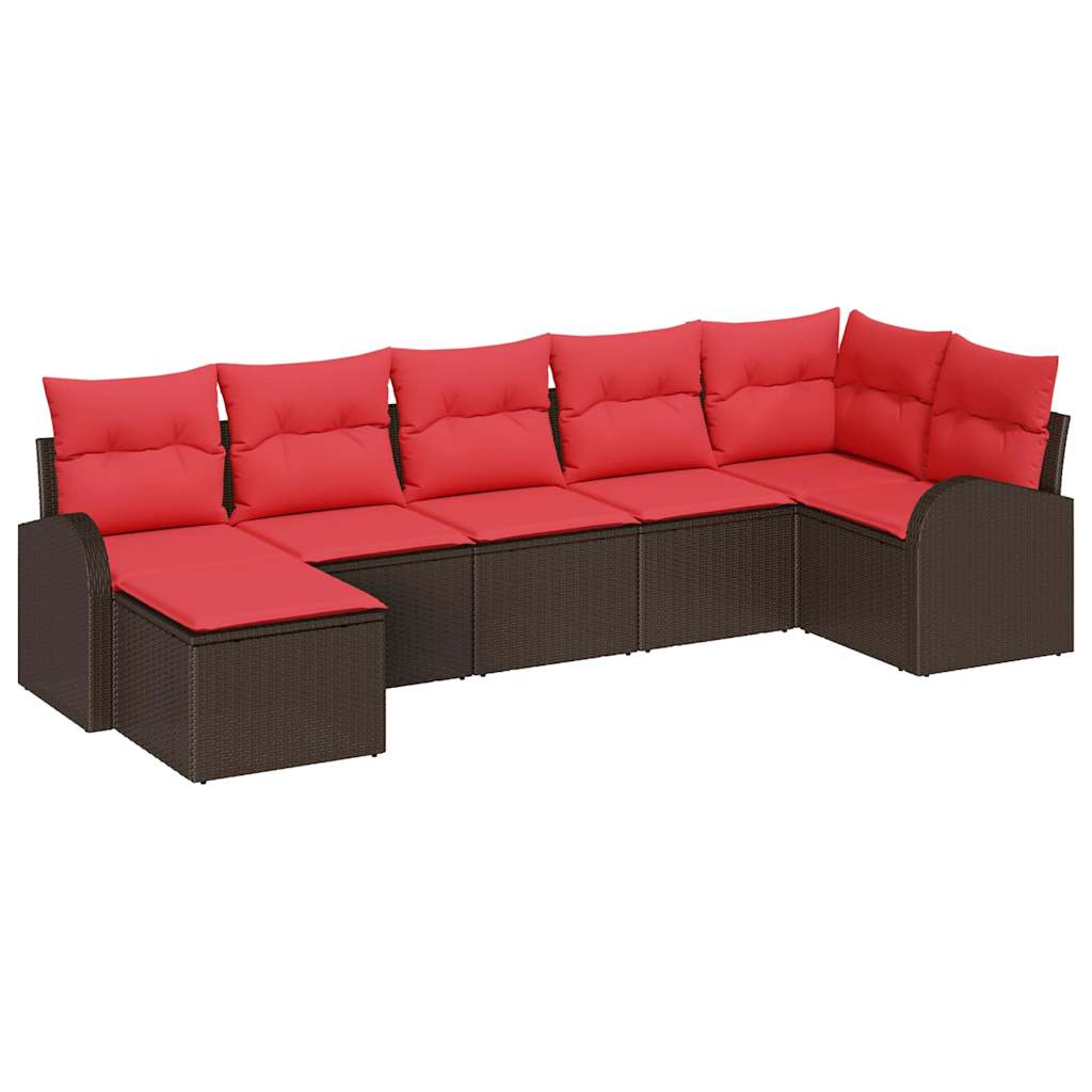 Sofa Set mit Kissen 7 pcs Braun und Rot Poly-Rattan