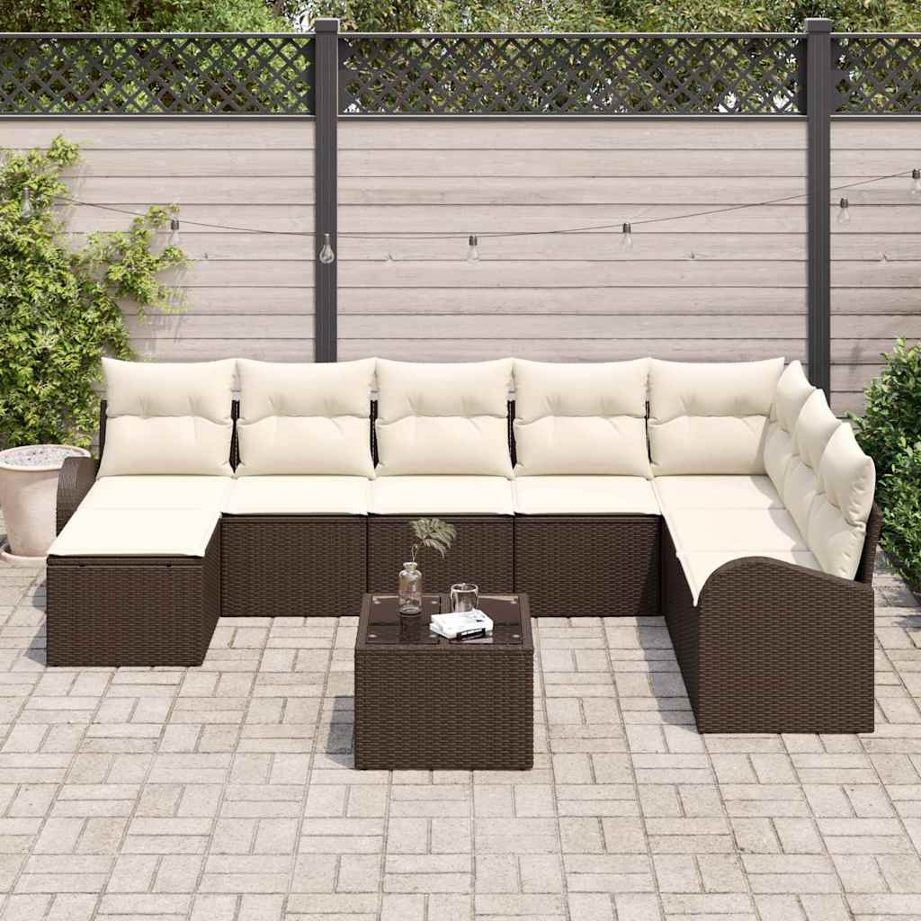 Sofa Set mit Kissen 9 pcs Braun und Weiß Poly-Rattan