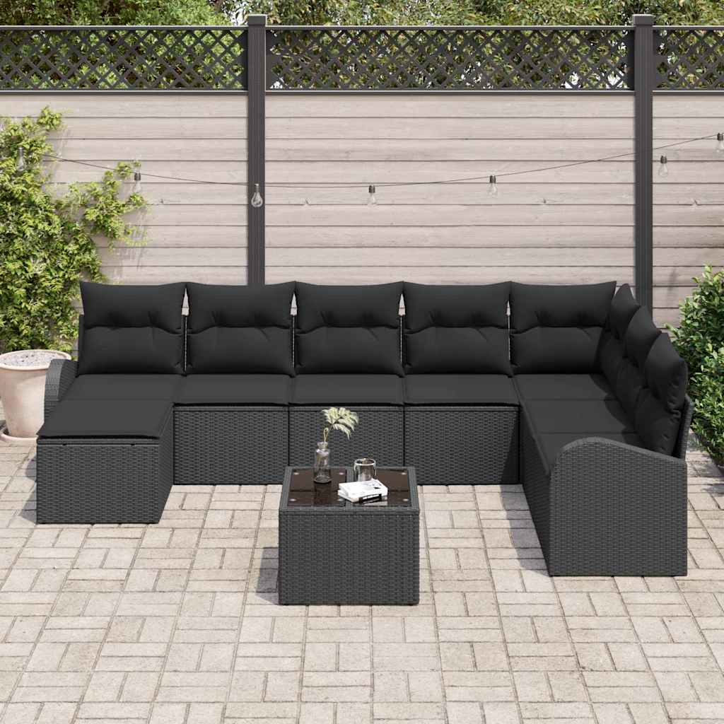 Sofa Set mit Kissen mit Speicher 9 pcs Schwarz Poly-Rattan