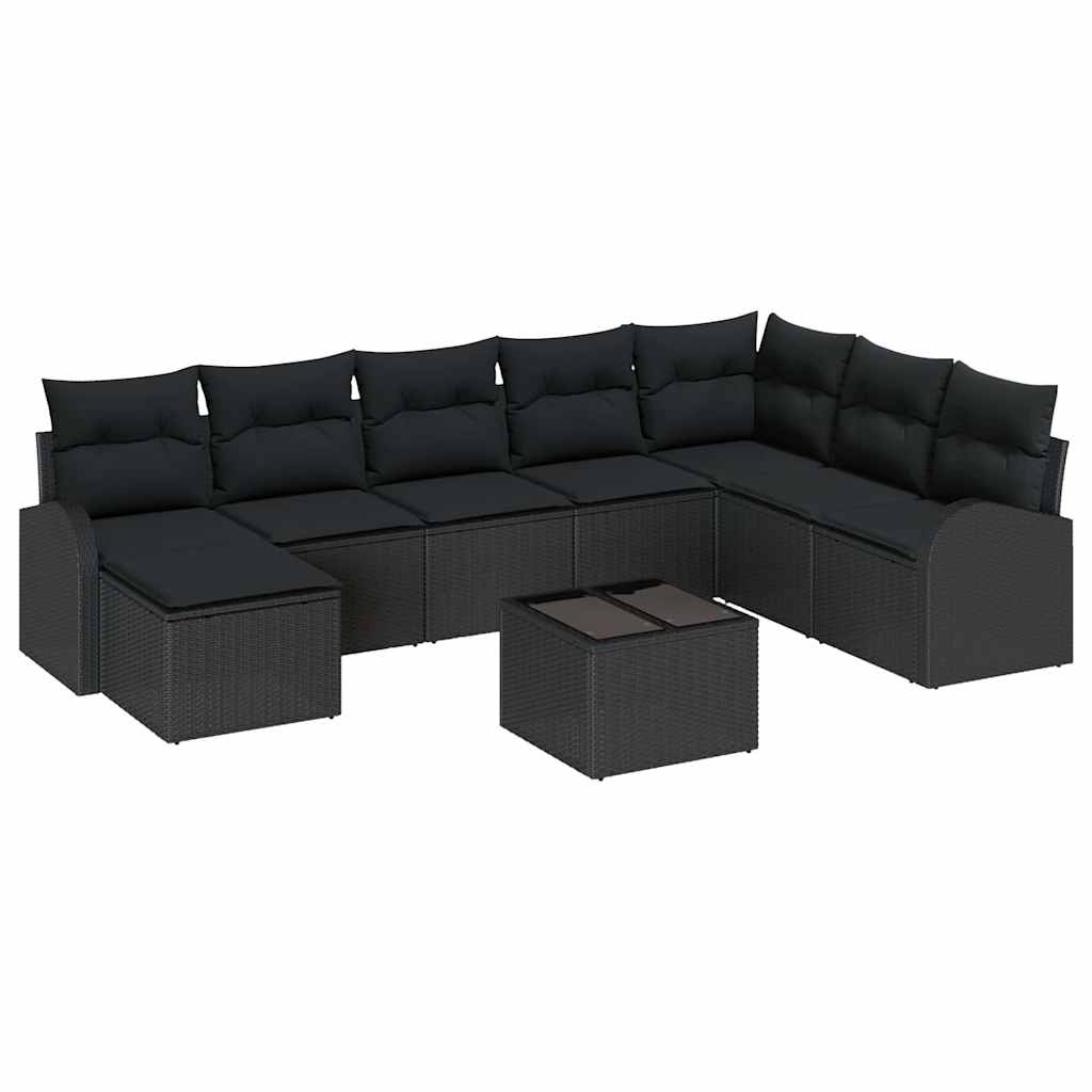 Sofa Set mit Kissen mit Speicher 9 pcs Schwarz Poly-Rattan